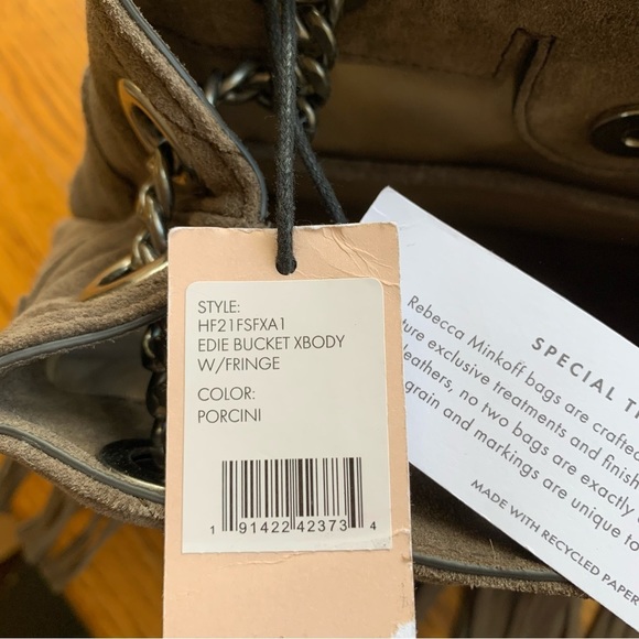 New Rebecca Minkoff Edie Fringe Quilt Suede Crossbody Bag Purse Handbag, Porcini - Picture 10 of 14